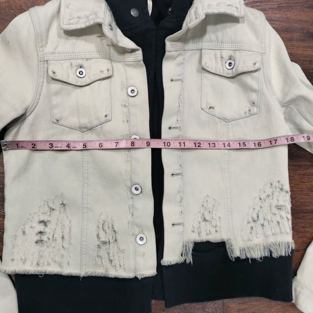 Free People Distressed Skater Grunge Layered Denim Jacket Ivory Black Size XS - Picture 11 of 15